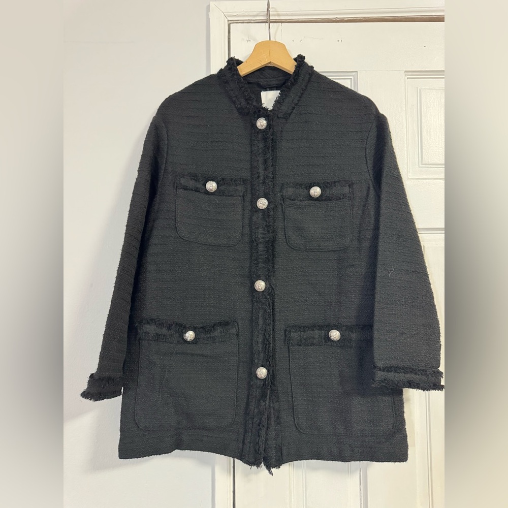 H&M Black Textured Tweed Coat with Decorative Buttons